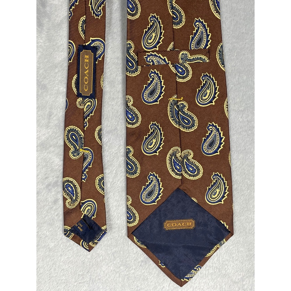 Coach Mens Silk Paisley Necktie Brown Blue Cream Hand Made Classic Tie